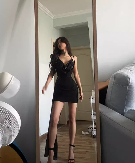 Sexy Sheath Straps Butterfly Sequin Black Chiffon Short Homecoming Dress