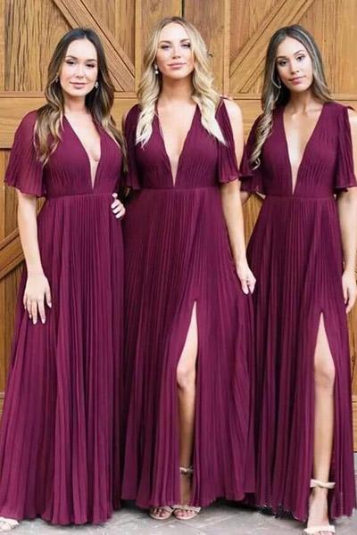 Simple Deep V Neck Short Sleeve Side Slit Long Bridesmaid Dresses with Pleats