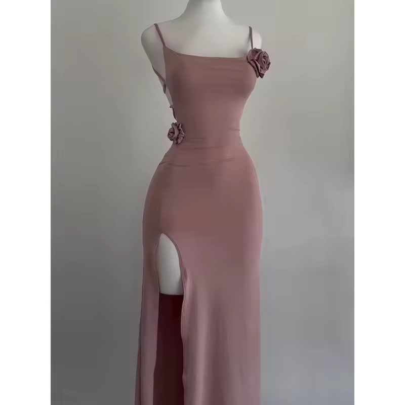 Sexy Sleeveless Slit Dress Openwork Elegant Three-dimensional Rose Slim Dress Summer Fashion Prom Dress 2025