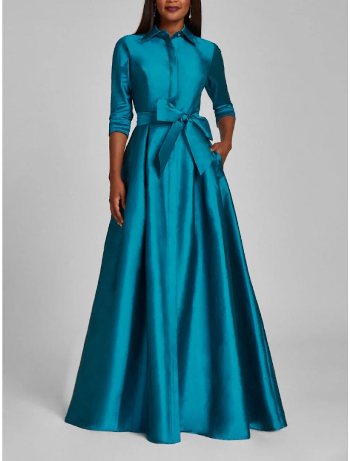 Satin A-Line Evening Gown Minimalist Black Christmas Dress Formal Fall Floor Length Half Sleeve Shirt Collar with Bow(s) Pleats
