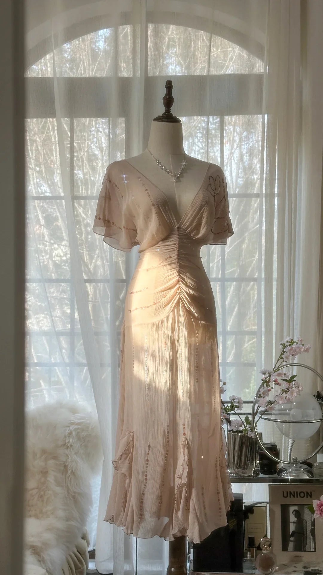 Gentle A Line V Neck Sequin Chiffon Retract Your Waist Party Dress