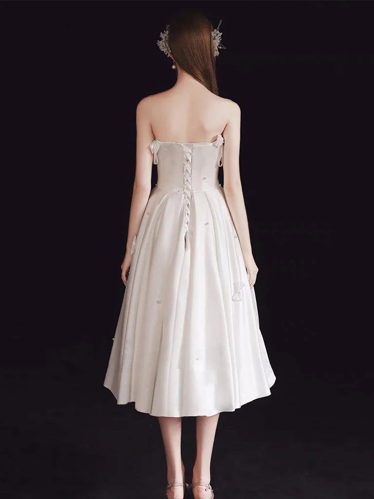 A-Line Sweetheart Neck Satin White Short Prom Dress, Retract Your Waist Homecoming Dress