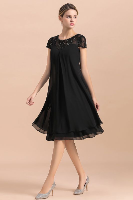 Black Chiffon Mother of Bride Dress Short Wedding Guest Dresses with Beadings Cap Sleeve