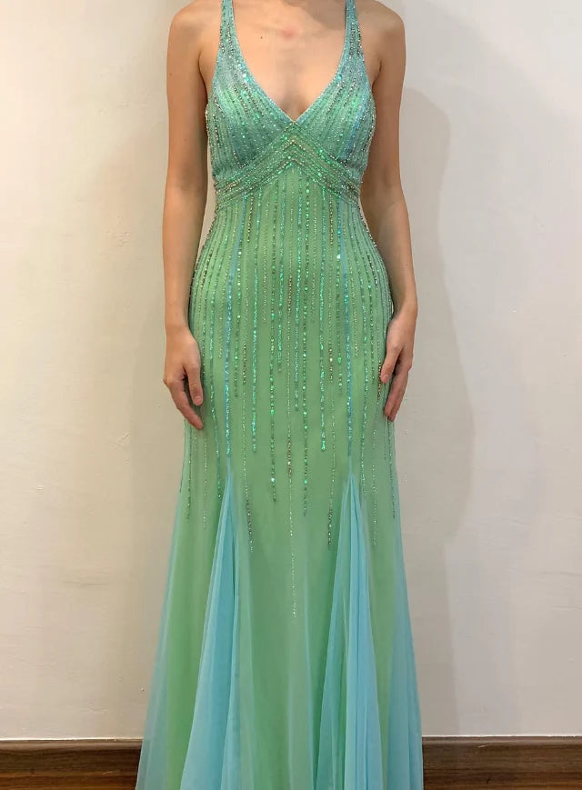 Green Mermaid Halter V Neck Beaded Chiffon Open Back Prom Dress Evening Dress