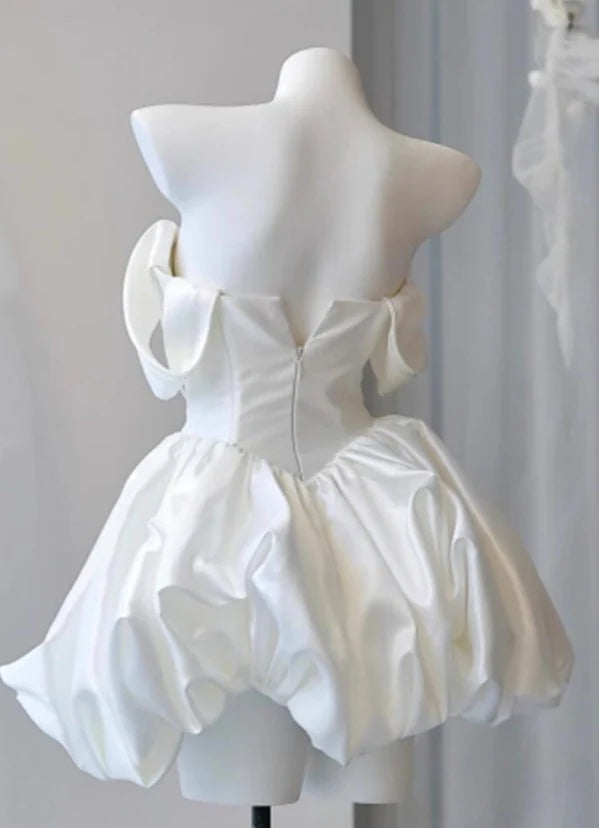 Simple White Off-the-shoulder A-Line Satin Short Prom Dresses Homecoming Dress with Pearls