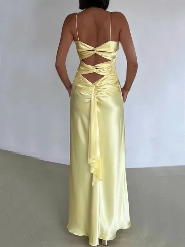 Backless Satin Sheath Spaghetti Strap V-Neck Party Dress Sexy Yellow Prom Dress