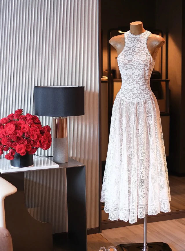 A Line Round Neck Lace Long Prom Dress Elegant White Evening Dress