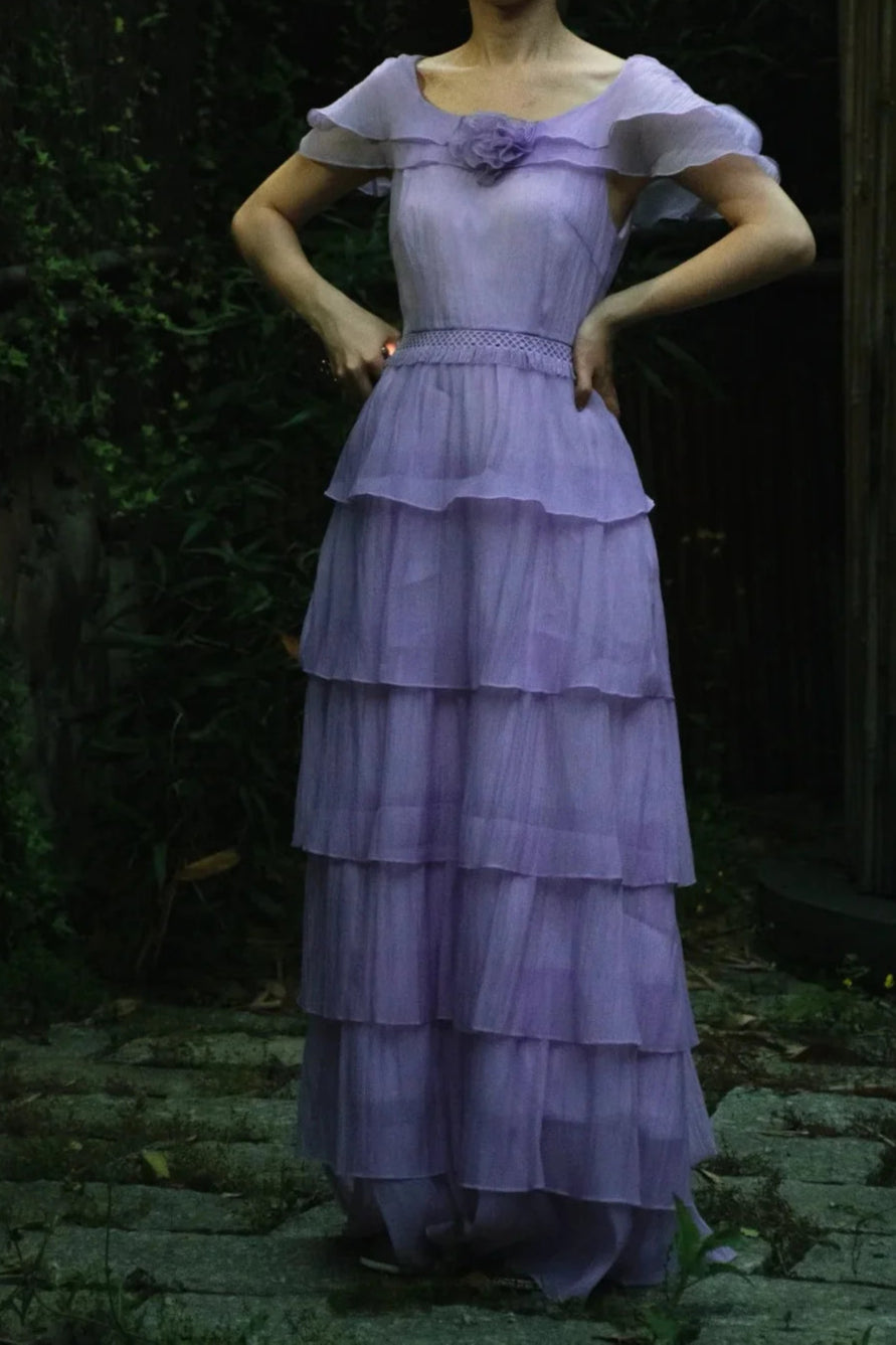 Gentle Purple A-Line Long Prom Dresses Vintage Scoop Neck Chiffon Formal Evening Gowns