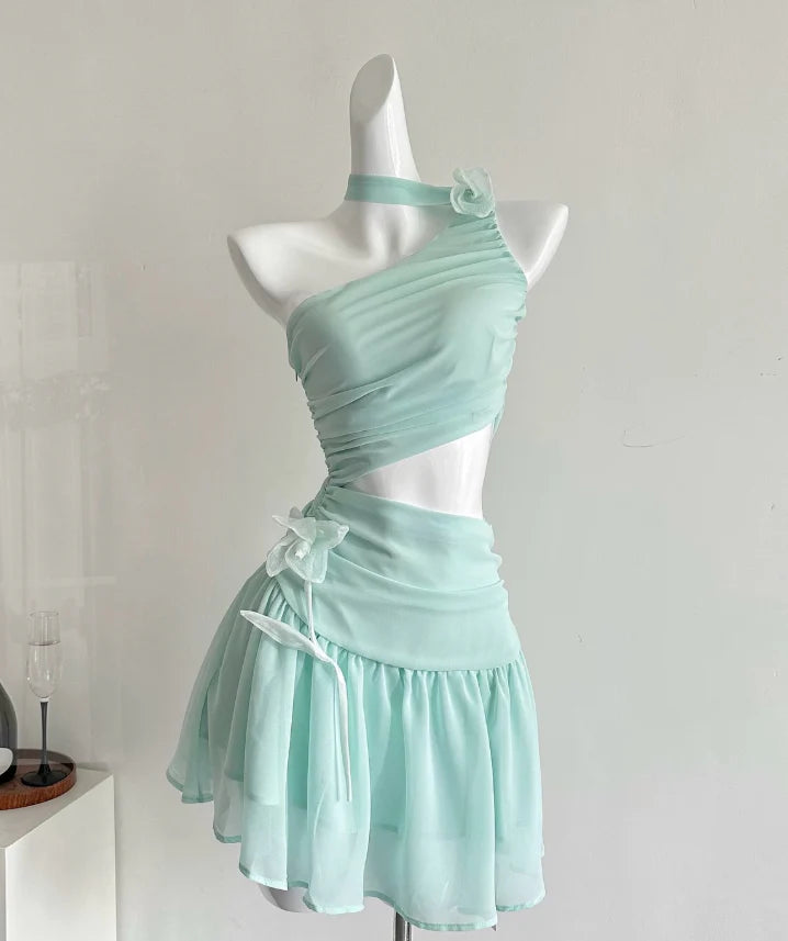 Mint Green A Line Halter Flower Chiffon Short Show waist Homecoming Dress