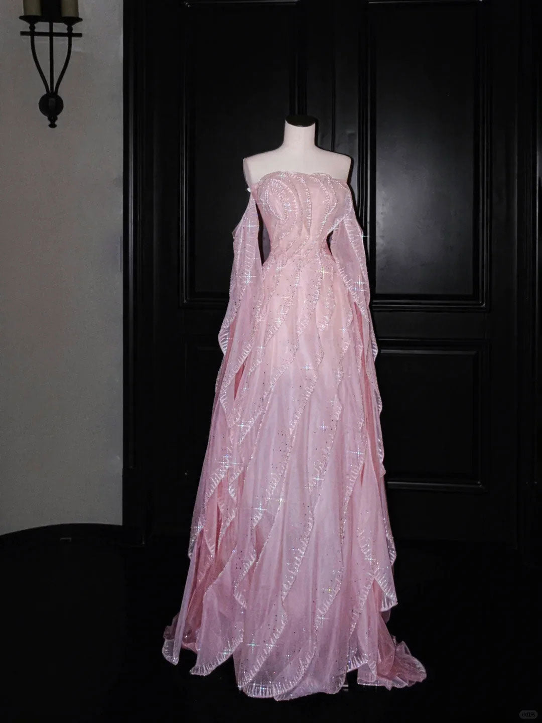 Gentle A Line Off the Shoulder Layered Rhinestone Beaded Pink Organza Long Party Dress