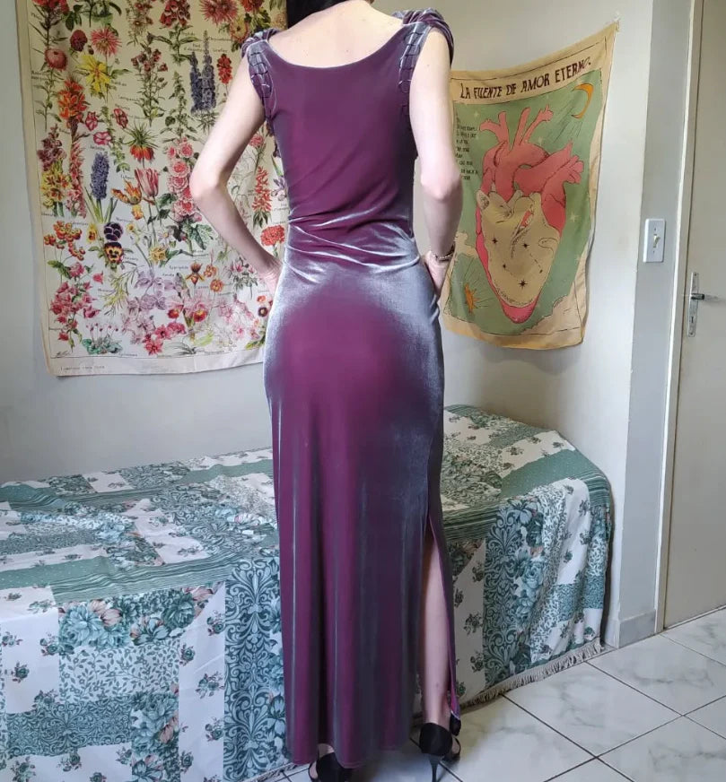 Purple Sheath Off the Shoulder Beaded Velvet Prom Dress Evening Dress with Slit