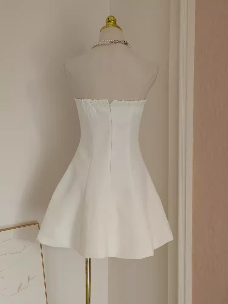 Cute A line Strapless Satin White Flowers Vacation Dress Women Unique design Short Party Dresses