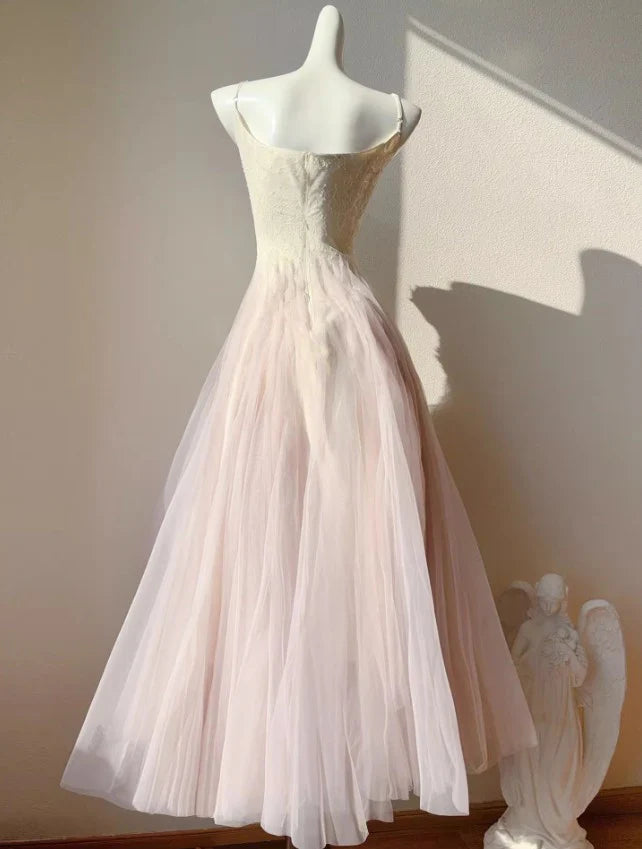 Sweet Pink Purple Lace Tulle Spaghetti Strap  Retract Your Waist A-Line Prom Dresses