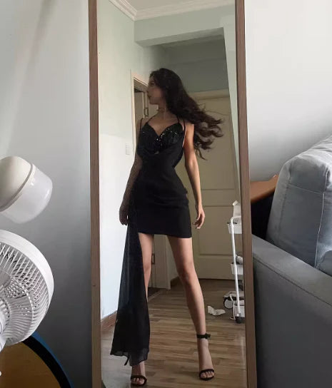 Sexy Sheath Straps Butterfly Sequin Black Chiffon Short Homecoming Dress