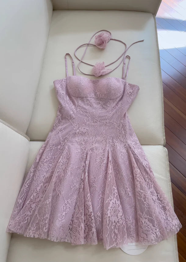 Light purple A-line spaghetti strap lace short prom dress, Unique design homecoming dress