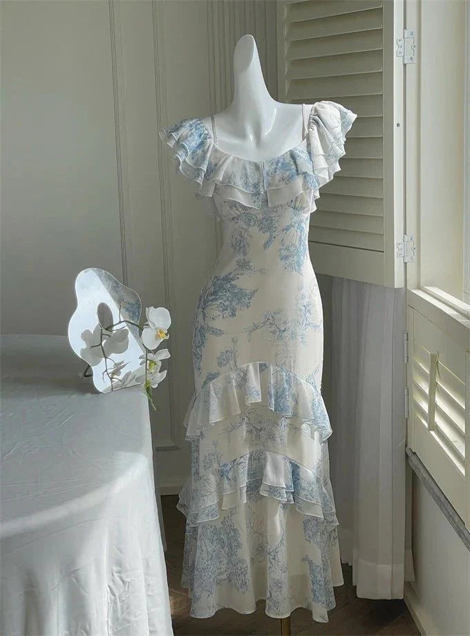 Strap Print Flower Blue Chiffon Party Dress Gentle Mermaid Evening Dress