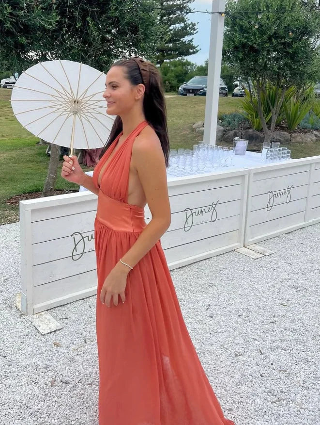 V Neck Orange Chiffon Open Back Prom Dress Sexy A Line Evening Dress