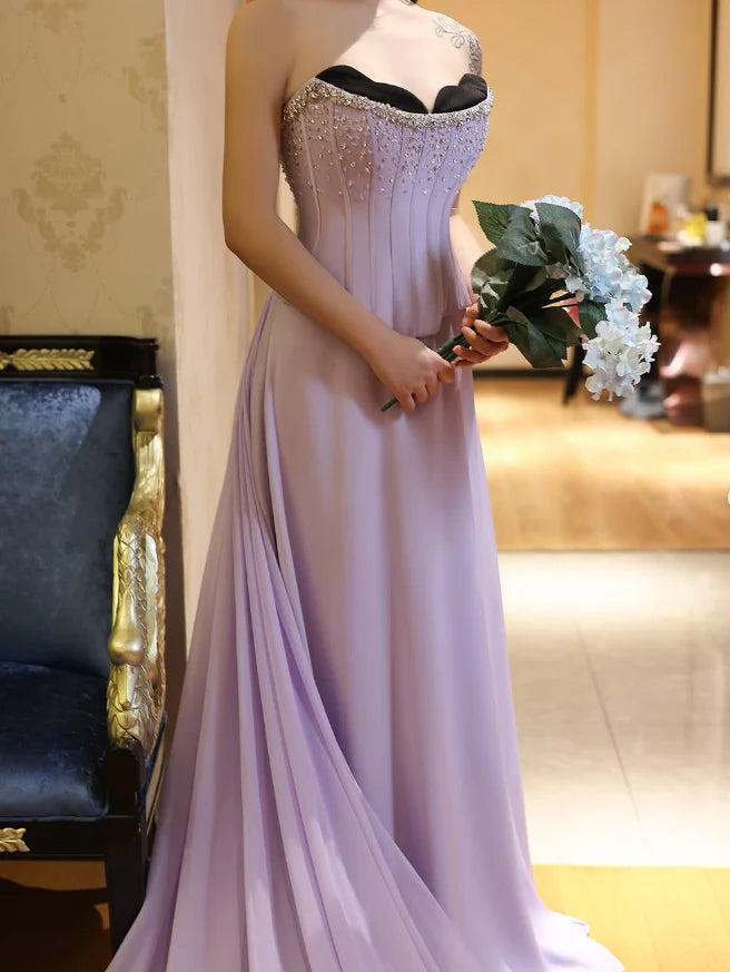 Lilac A Line Sweetheart Neck Beaded Satin Chiffon Long Evening Dress