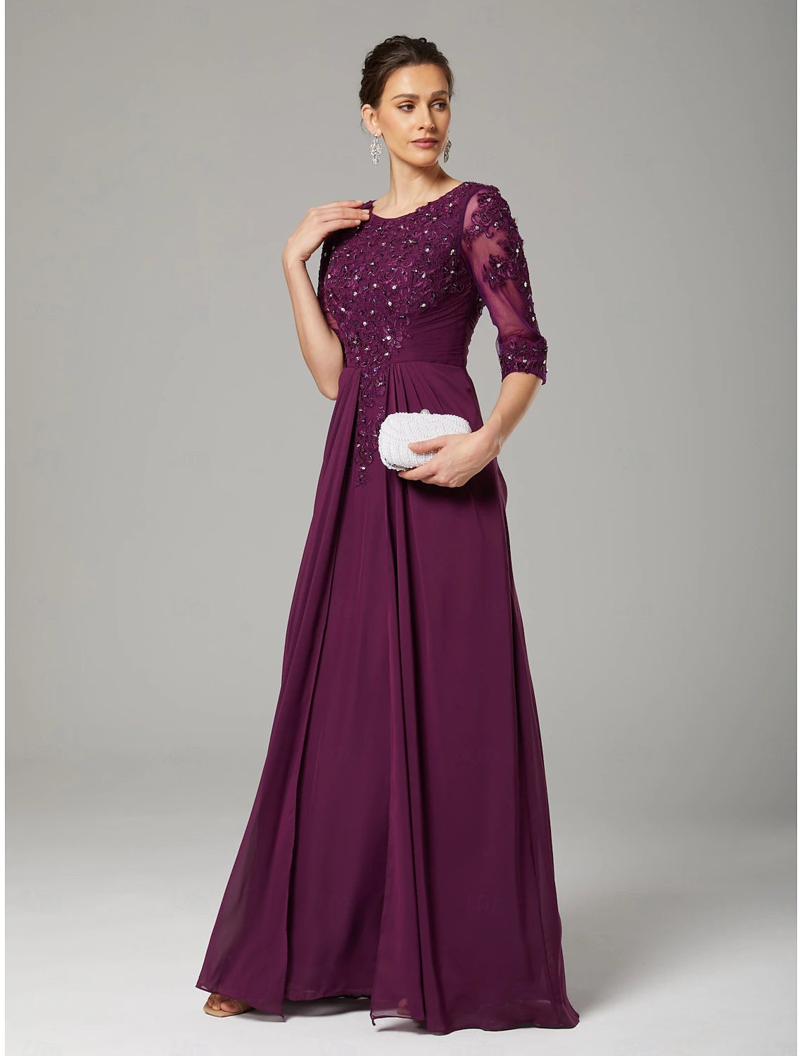 Sheath / Column Mother of the Bride Dress Formal Wedding Guest Elegant Sparkle & Shine Crew Neck Asymmetrical Floor Length Chiffon Lace 3/4 Length Sleeve with Sequin Appliques