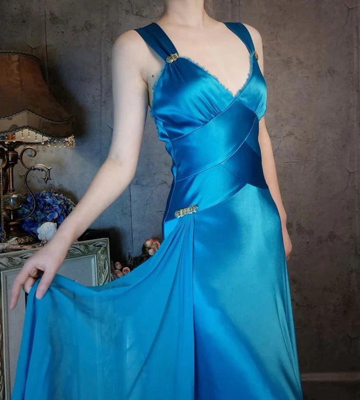 Elegant A Line Straps Blue Satin Party Dress Sleeveless Evening Dress