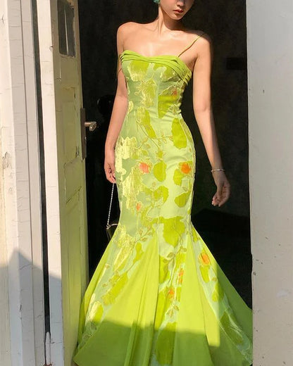 Print Flower Green Satin Chiffon Party Dress Slim-fit Evening Dress