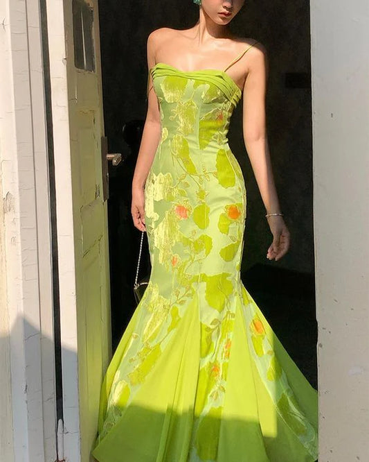 Print Flower Green Satin Chiffon Party Dress Slim-fit Evening Dress