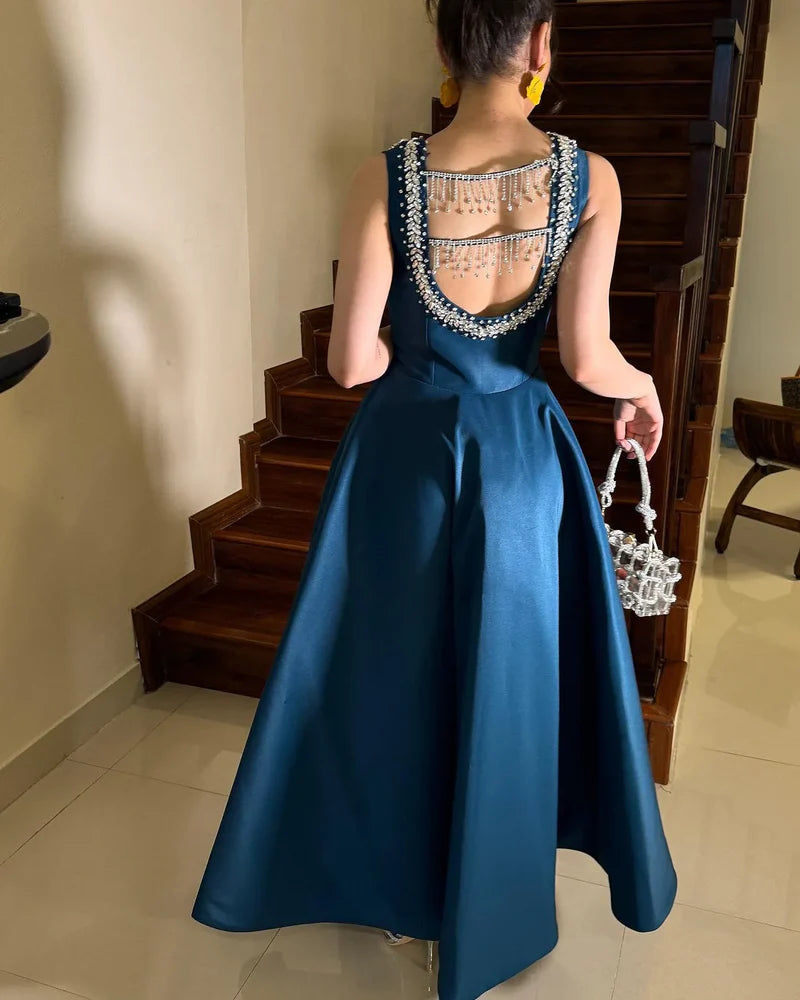 Women Beaded Tassel Party Evening Dress Ankle Length Elegant Square Neck Prom Gown
