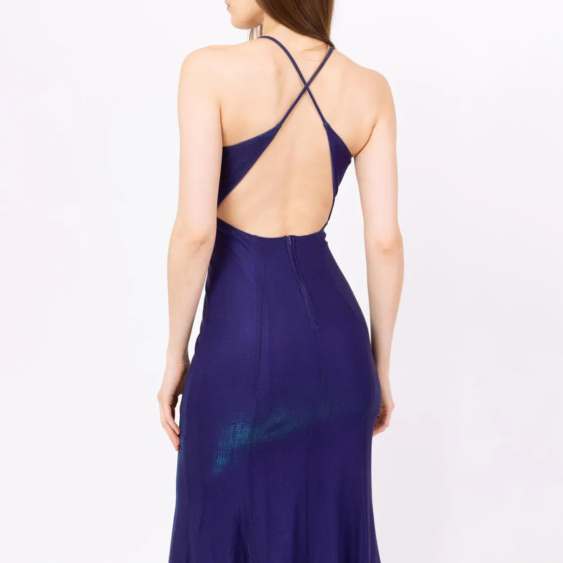 Y2K Prom Dress Vintage 90s Royal Purple Iridescent Backless Gown - XS to Small Cross Open Back Slinky Formal Maxi Dress