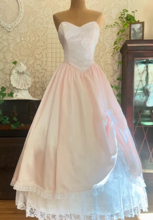 Vintage A Line Neck Lace Light Pink Satin Long Prom Dress Sweetheart Evening Dress