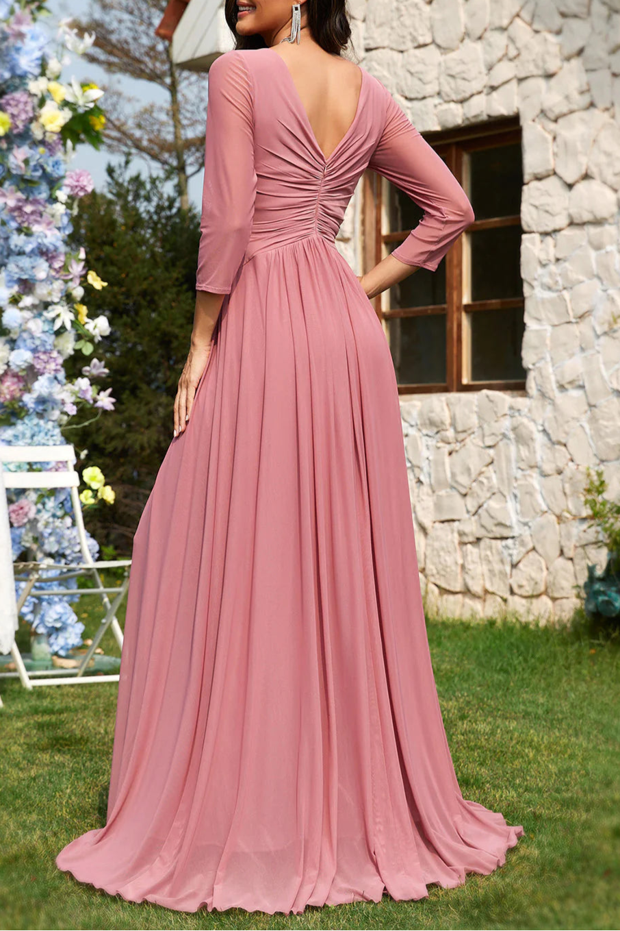 A-Line V-Neck Long Sleeves Chiffon Dusty Rose Long Formal Dress