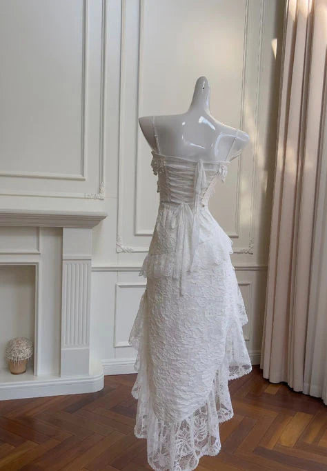 Cute A Line Spaghetti Strap Tiered Pearl White Lace Party Dress