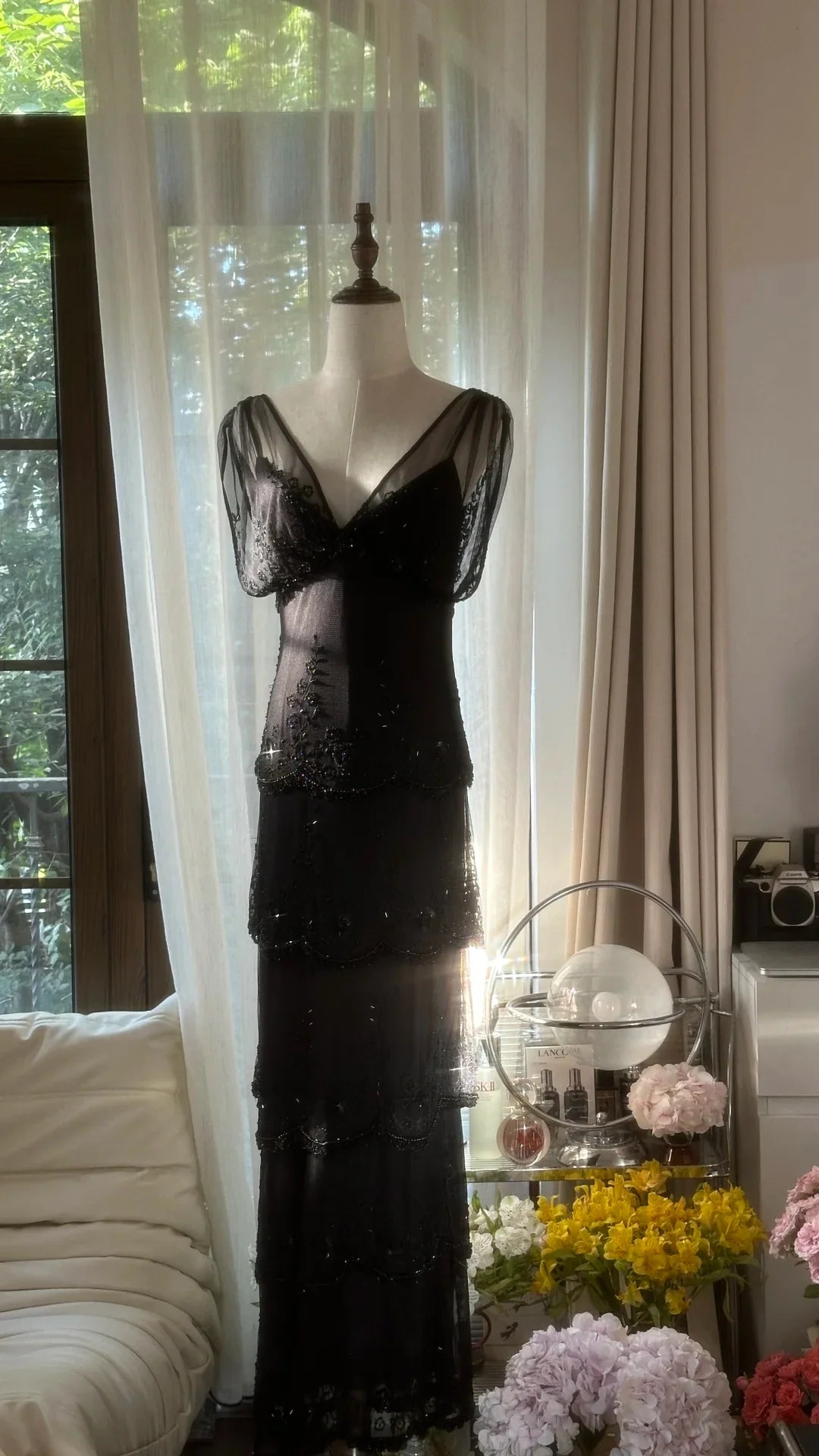 Charming Sheath V Neck Layered Full of charm Beaded Black Chiffon Party Dress