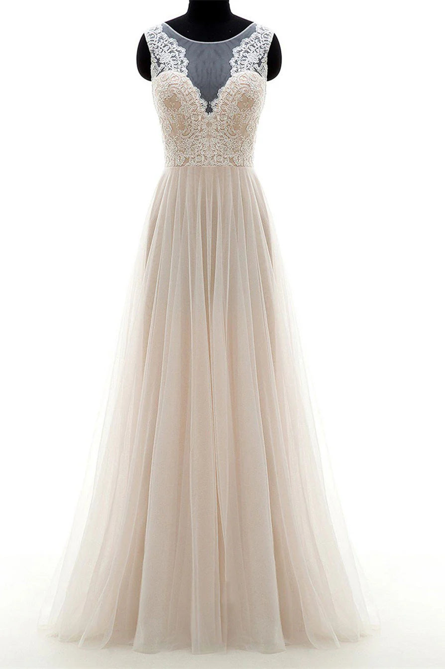 Champagne round neck tulle lace long prom dress, V-Neck wedding dress