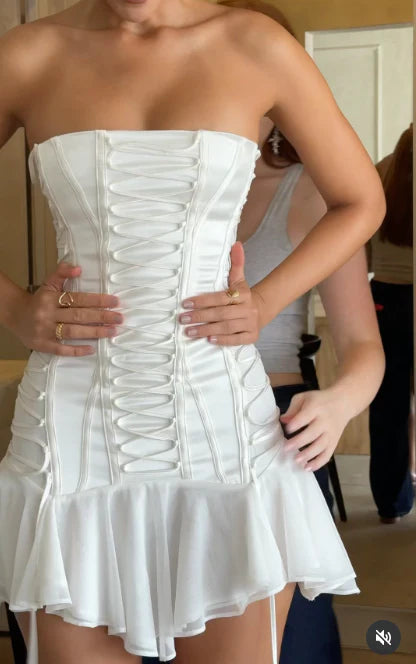 Simple White Strapless Bodycon Satin Chiffon Homecoming Dresses Short Prom Dresses