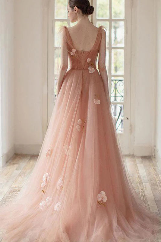 Pink tulle long prom dress, full of charm evening dress