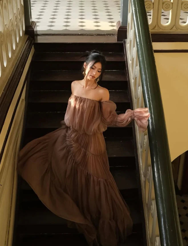 A Line Long Sleeve Satin Long Prom Dress Charming Brown Evening Dress