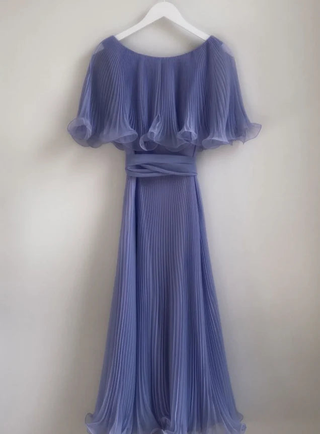 Gentle A Line Pleated Chiffon Long Evening Dress Round Neck Blue Party Dresses