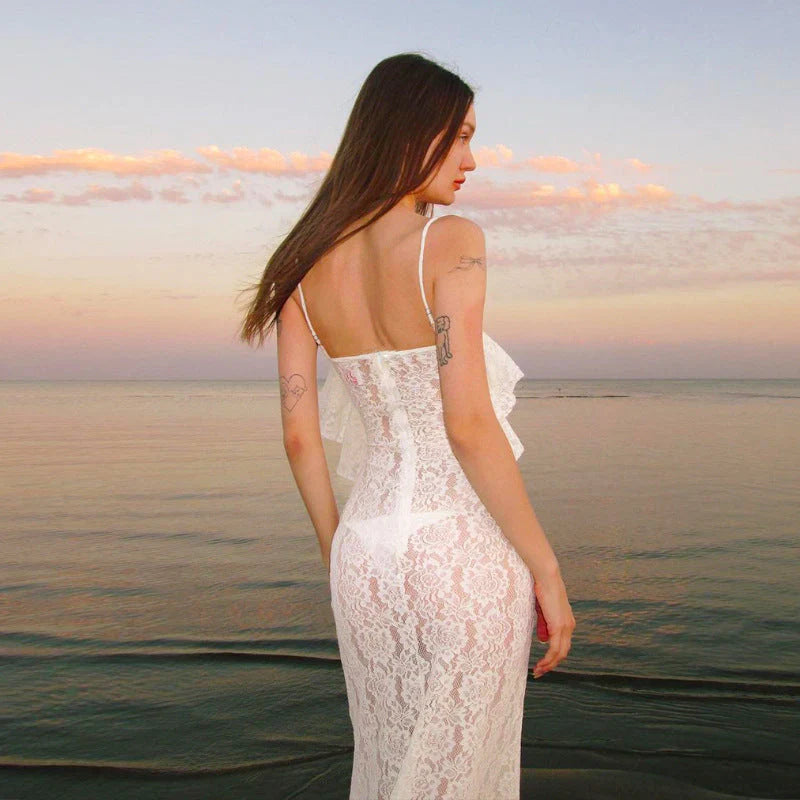 Spaghetti Straps Lace Long Prom Dress White Mermaid Evening Dress