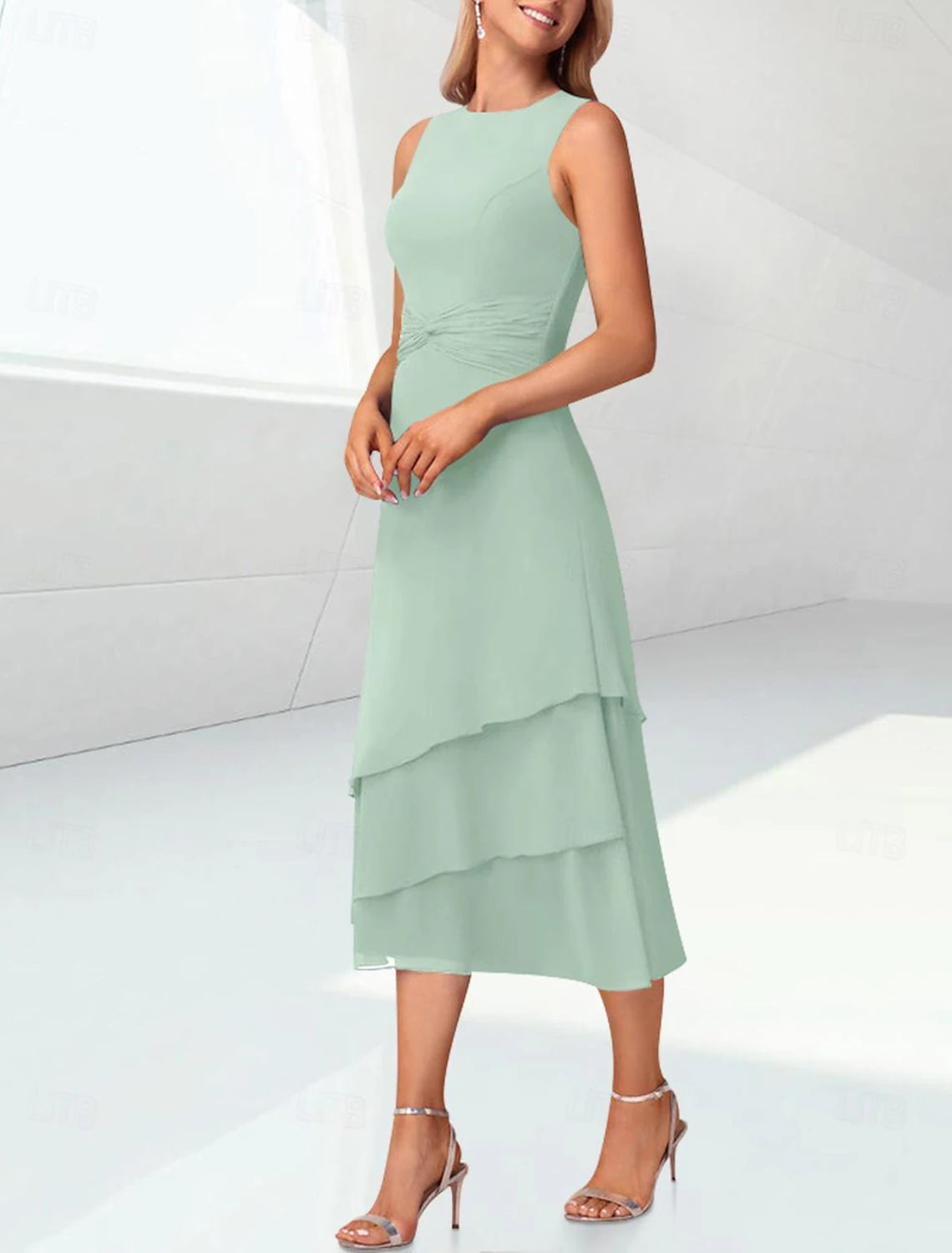 Beach Wedding Sage Sheath Mother of the Bride Dress Elegant Jewel Neck Tea Length Chiffon 3/4 Length Sleeve Wrap Included with Ruching 2025 free custom size