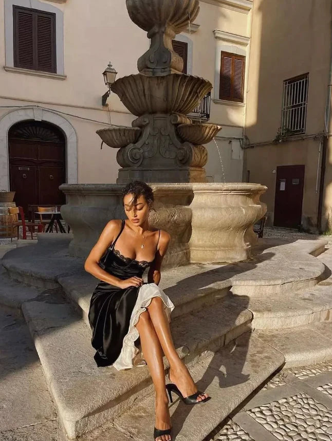 Sexy A Line Spaghetti Strap Lace Black Satin Open Back Prom Dress