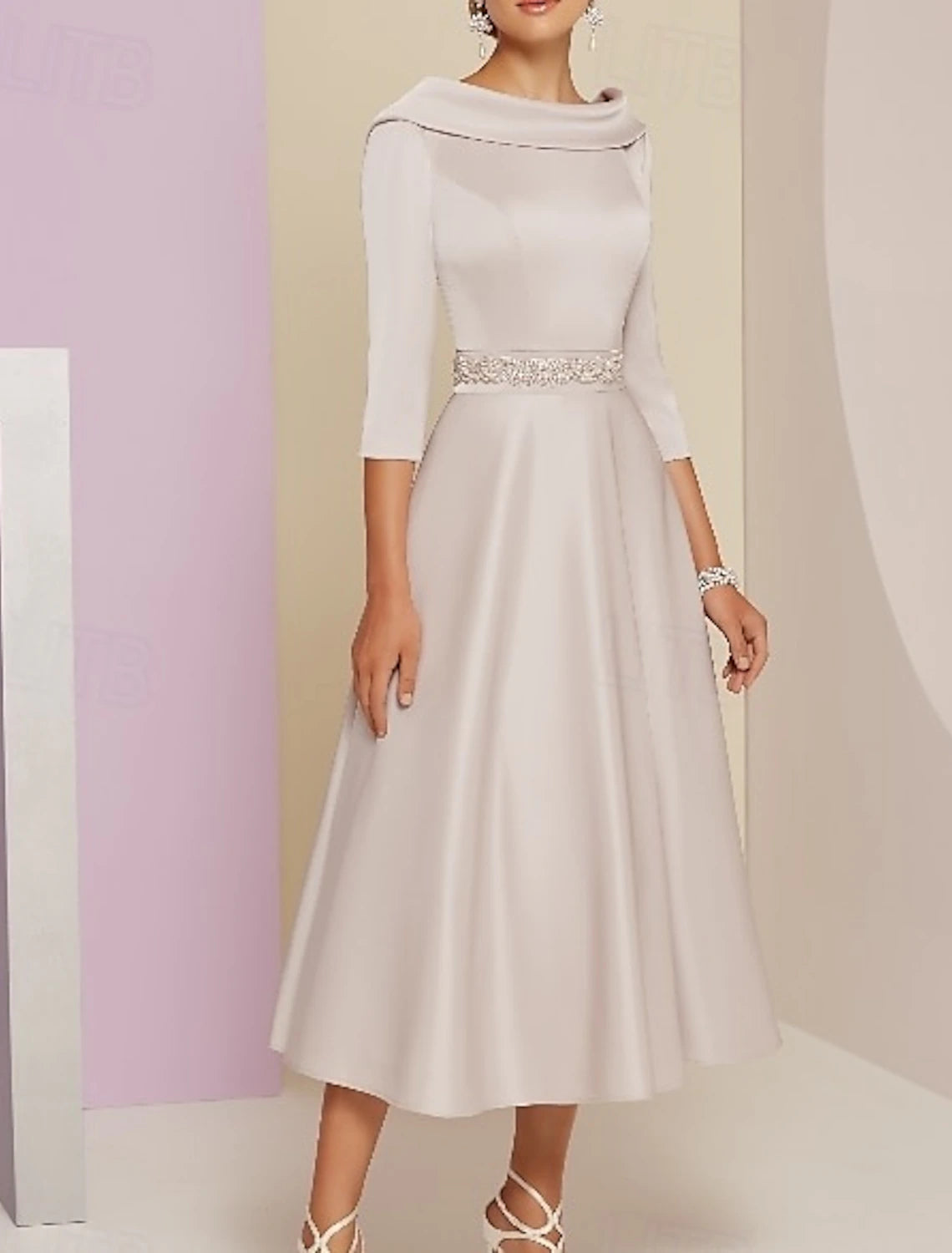A-Line Dress Mother of the Bride Dress Elegant Vintage Bateau Neck Tea Length Satin 3/4 Length Sleeve with Beading Derby Dress Race Day Dress