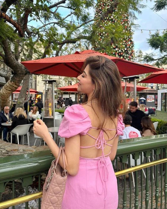 Pink Sequare Neck Prom Dress Sexy Backless Retract Your Waist Homecoming Dress