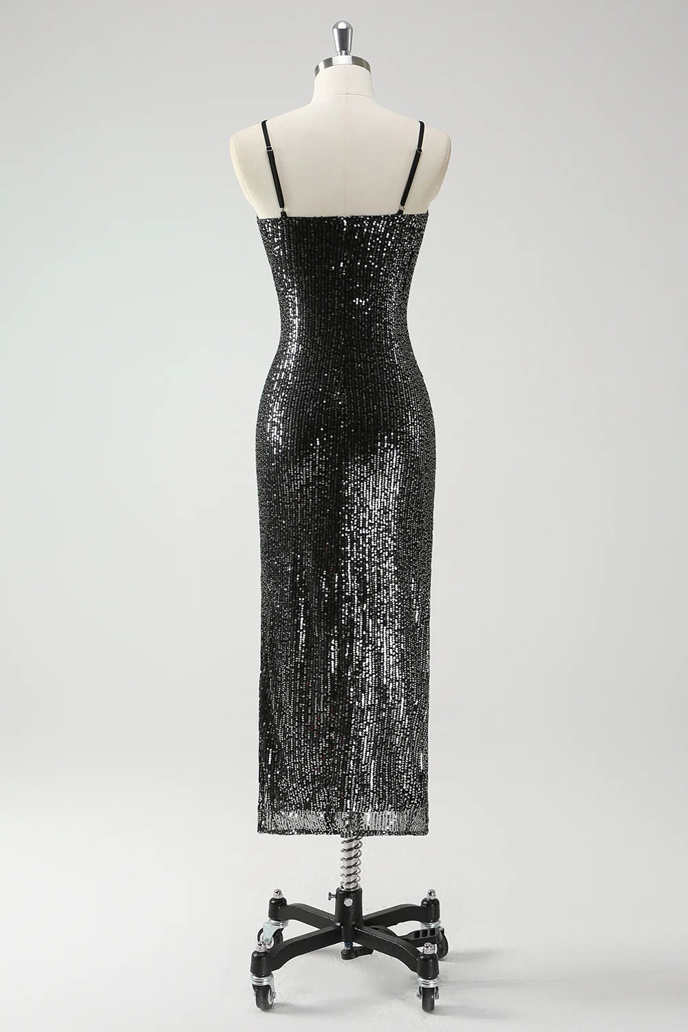 Sparkly Black Unique design Hollow Out Spaghetti Straps Prom Dress With Slit