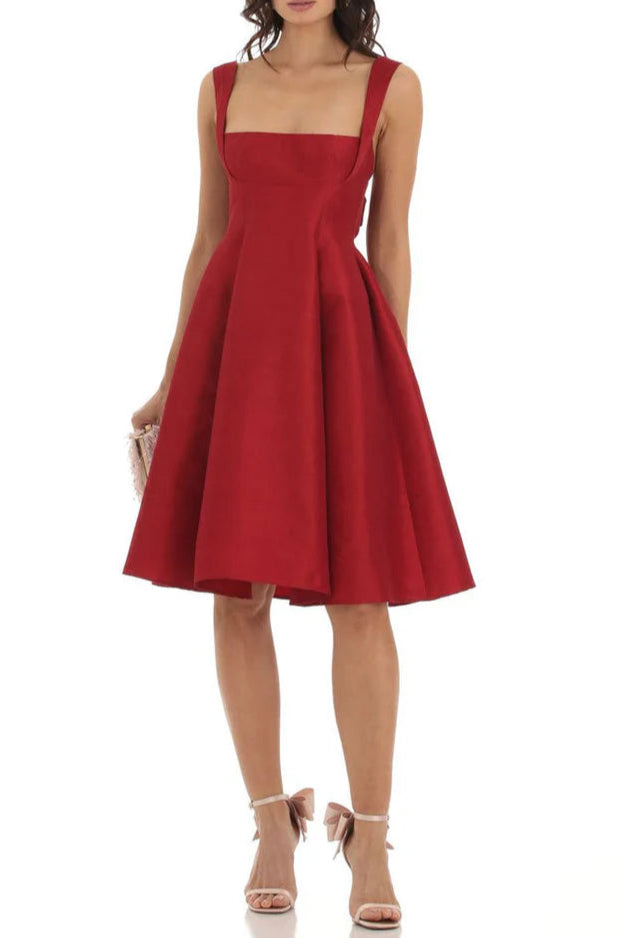 Elegant Square Neck Sleeveless Bow Tie Fit & Flare Midi Party Dress