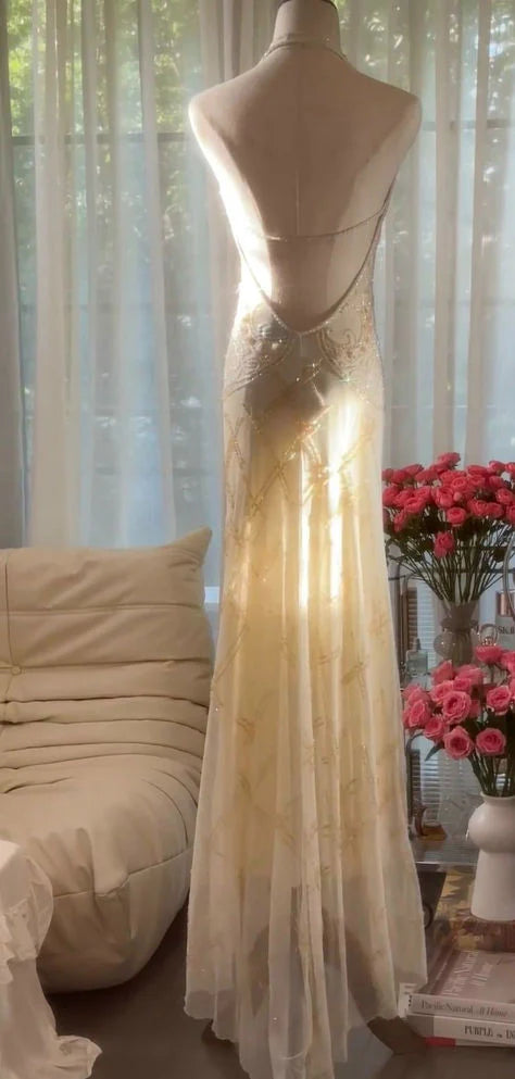 Elegant Sheath Halter Beaded Ivory Chiffon Long Prom Dress Graduation Party Dress