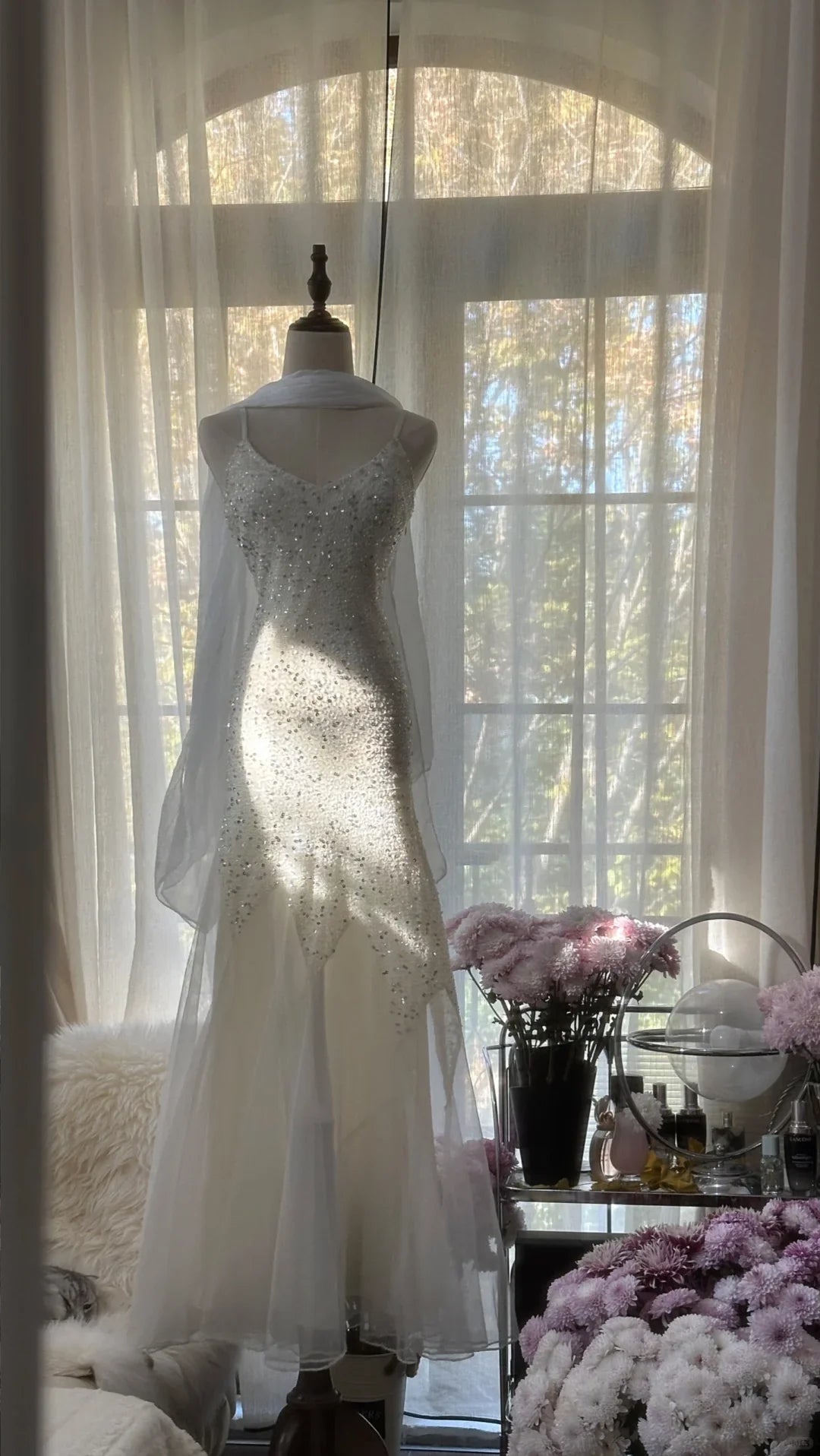 Flowy Mermaid Spaghetti Straps Beaded White Chiffon Long Prom Dress