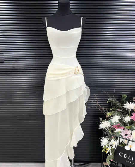 Spaghetti Strap Ruffle Ivory Chiffon Prom Dress Elegant Sheath Evening Dress