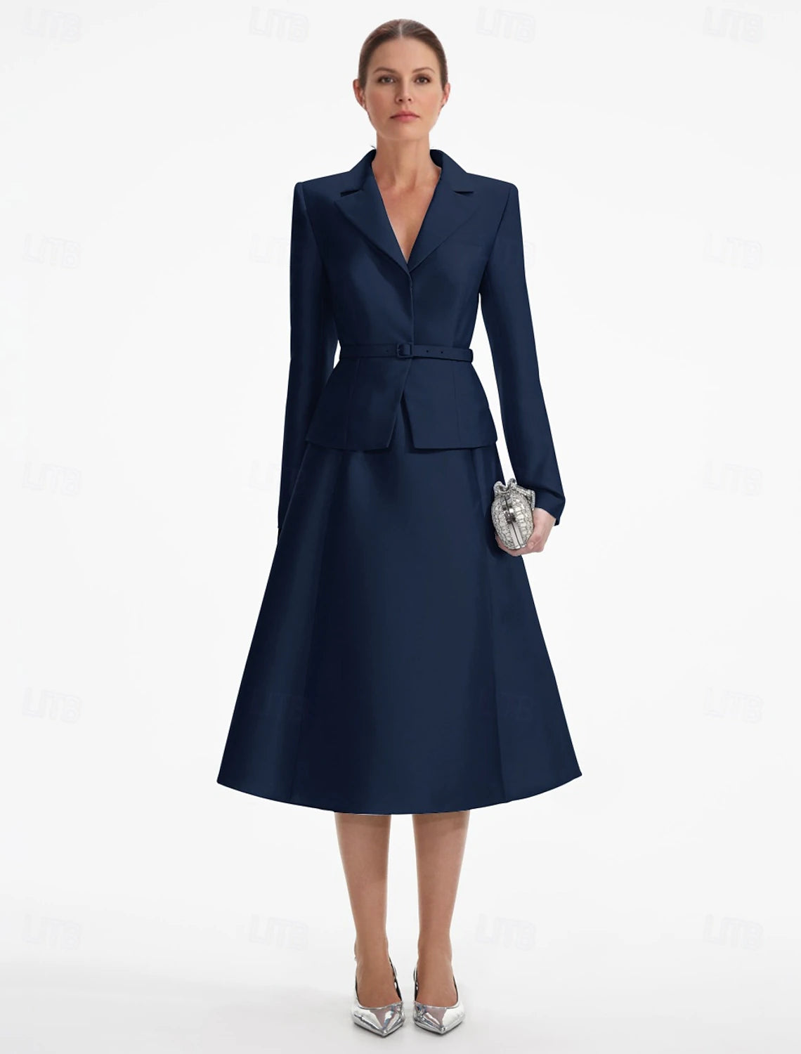 Two Piece A-Line Champagne Dress Tuxedo Dress Elegant V Neck Tea Length Satin Long Sleeve with Solid Color Derby Dresses 2025