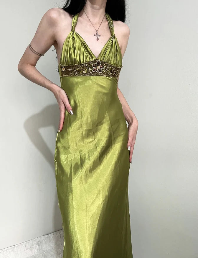Vintage Sheath Halter Beaded Green Satin Open Back Prom Dress