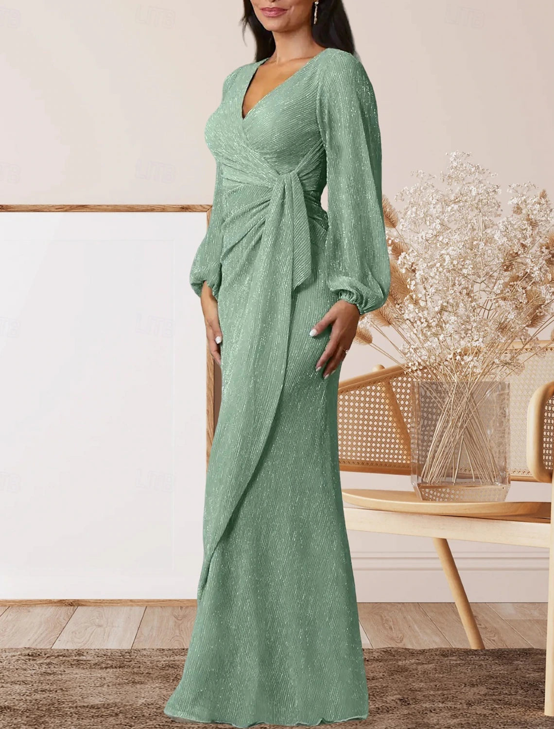 A-Line Mother of the Bride Dress Wedding Guest Elegant Sweet V Neck Floor Length Chiffon Long Sleeve with Ruffles Ruching
